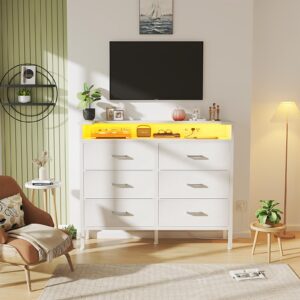 BOLUO White Dresser with LED Light and Charging Station for Bedroom 6 Drawer Dresser with USB Outlet, Dressers & Chests of Drawers Fabric Dresser for Closet Modern