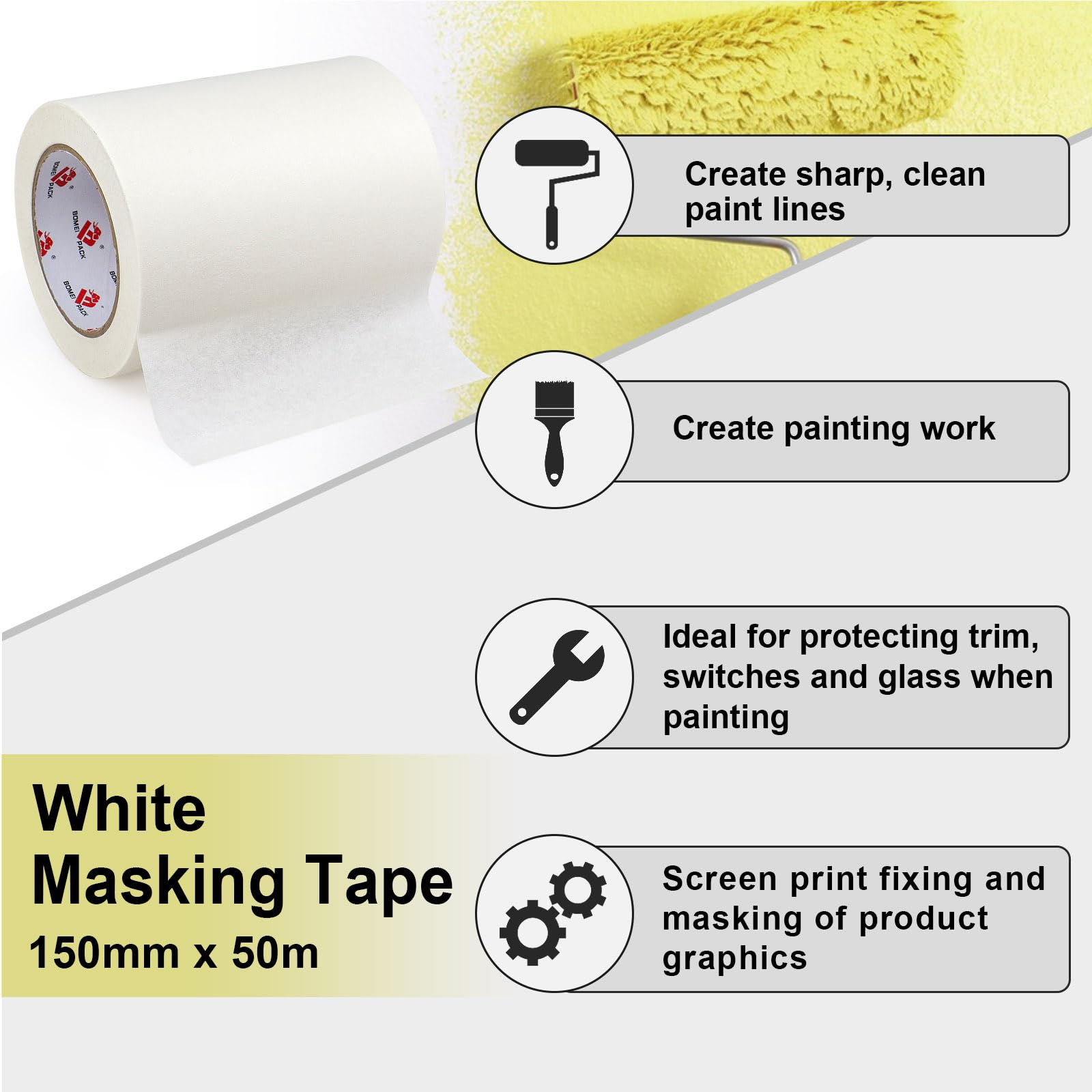 BOMEI PACK Wide Painters Tape 6 Inch, Crepe Paper General Purpose Wide White Masking Tape, 55 yds Length, Multi-Surface Adhesive Painting Tape, for Painting, DIY, Arts, Crafts, Labeling