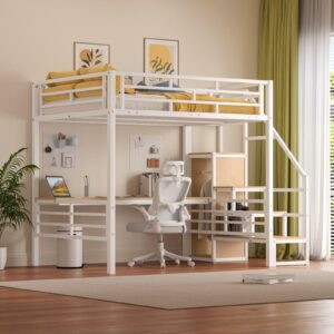 GM Ultra Full Size Loft Bed with Desk & Storage Stairs, Metal Loft Bed Frame with Wardrobe, Versatile High Loft Bed for Kids Teens Adults, Sturdy Slats Support, No Box Spring Needed, White