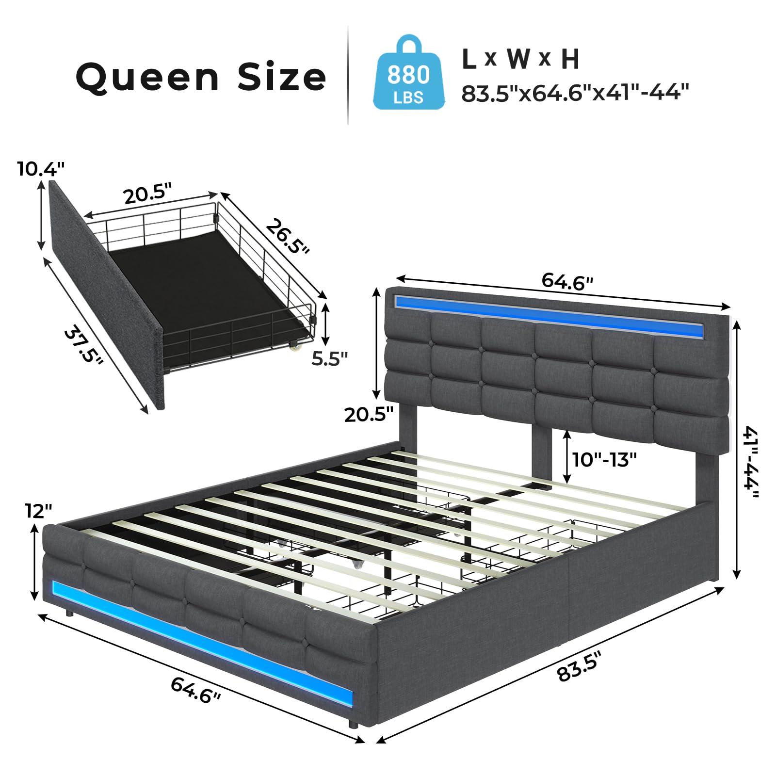 BTHFST Queen Bed Frame with LED Lights & 2 USB Charging Station,Queen Size Bed Frame with Adjustable Headboard,Bed Frame with Storage,No Box Spring Needed,Noise Free,Dark Grey