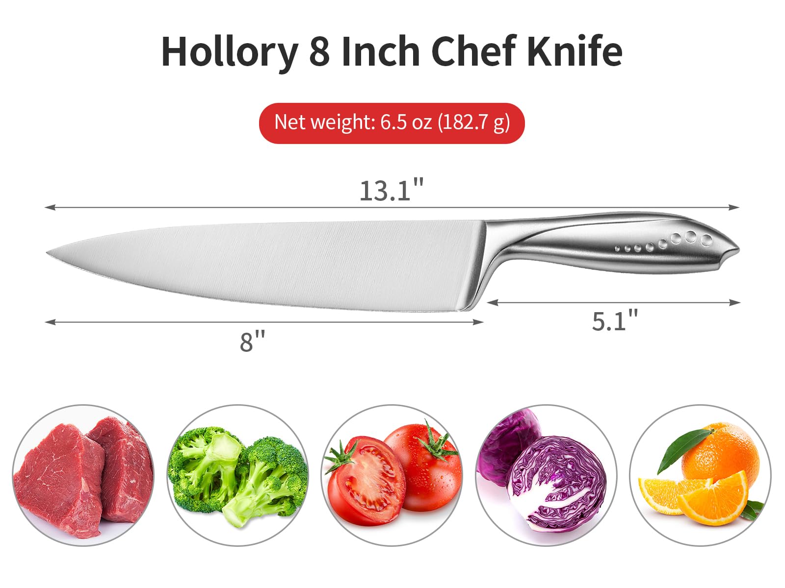 Hollory 8 Inch Chef Knife, German High Carbon Stainless-Steel Blade and Ergonomic Comfortable Handle, Non-Stick Chef Knife for Cutting of Meat Vegetables and Fruits-Silver