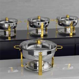 amhier 5 qt chafing dish buffet set with visible glass lid and holder, stainless steel round chafers and buffet warmers sets with food and water trays for catering, parties and weddings, gold, 4 pack