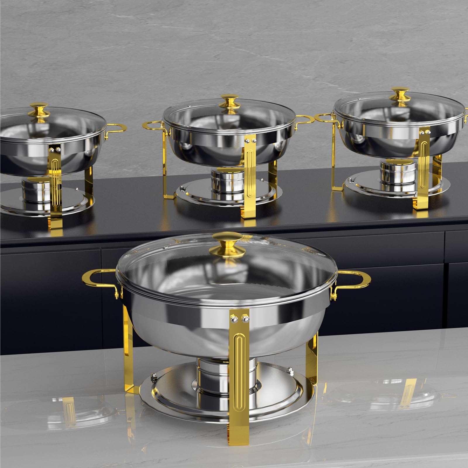 Amhier 5 Qt Chafing Dish Buffet Set with Visible Glass Lid and Holder, Stainless Steel Round Chafers and Buffet Warmers Sets with Food and Water Trays for Catering, Parties and Weddings, Gold, 4 Pack