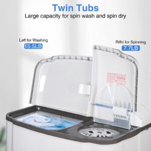 Iorbur 24Lbs Portable Washer and Dryer, Portable Washing Machine, Washer (16Lbs)& Spin(8Lbs)2 in 1 Twin Tub Washer Compact Machine with Drain Pump