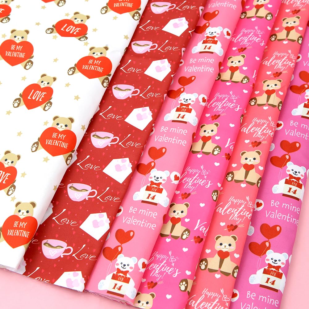 Pink and Red Valentine's Day Bear Love Hearts Be My Valentine Romantic Quilting Polycotton Fabric 6PCS 20x20 Inch Patchwork Sewing for DIY Crafts Supplies Gift Wrap Wedding Anniversary