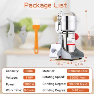 BI-DTOOL 800g Electric Grain Mill Grinder 36000r/min High-speed Grain Spice Herb Grinder 1800W Dry Grinder Machine 304 Stainless Steel Superfine powder Grinder for Kitchen Home and Commercial