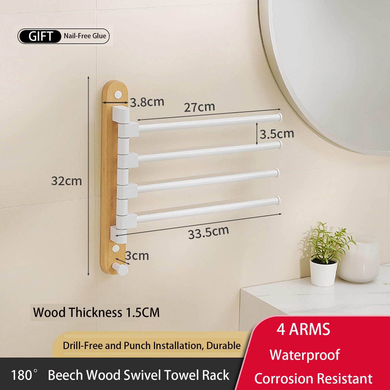 Swivel Towel Rack, Towel Bar with Wall Mounted 180° Rotation, 4-Arms Towel Hanger Beech + Space Aluminum, Space Saving for Kitchen/Bathroom No-Punch/Punch Holes Dual Use (4- Arms)