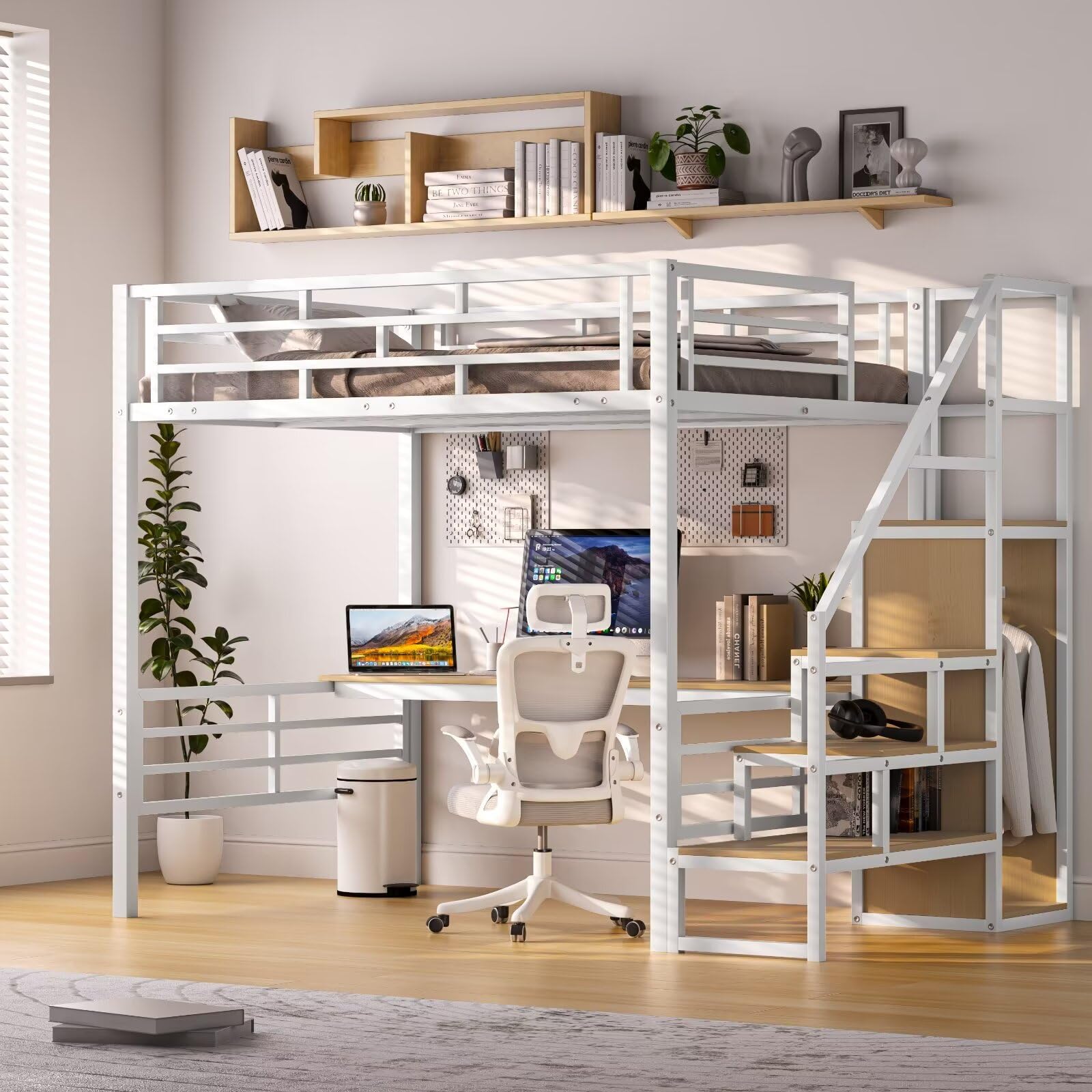 GM Ultra Full Size Loft Bed with Desk & Storage Stairs, Metal Loft Bed Frame with Wardrobe, Versatile High Loft Bed for Kids Teens Adults, Sturdy Slats Support, No Box Spring Needed, White