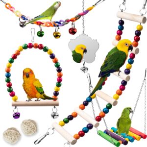 bird toys for parakeets 7pcs, wood parrots toys budgie toys for bird cage accessories, bird perch swings for small birds toys, conure cockatiel toys, bird ladder swing for parakeets climbing 18''