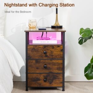 AMHANCIBLE LED Nightstand with Charging Station, Smart End Side Table with USB Port & Power Outlet, Bedside Table with Fabric Drawers for Bedroom, Living Room, Rustic Brown, HET053LBR-1