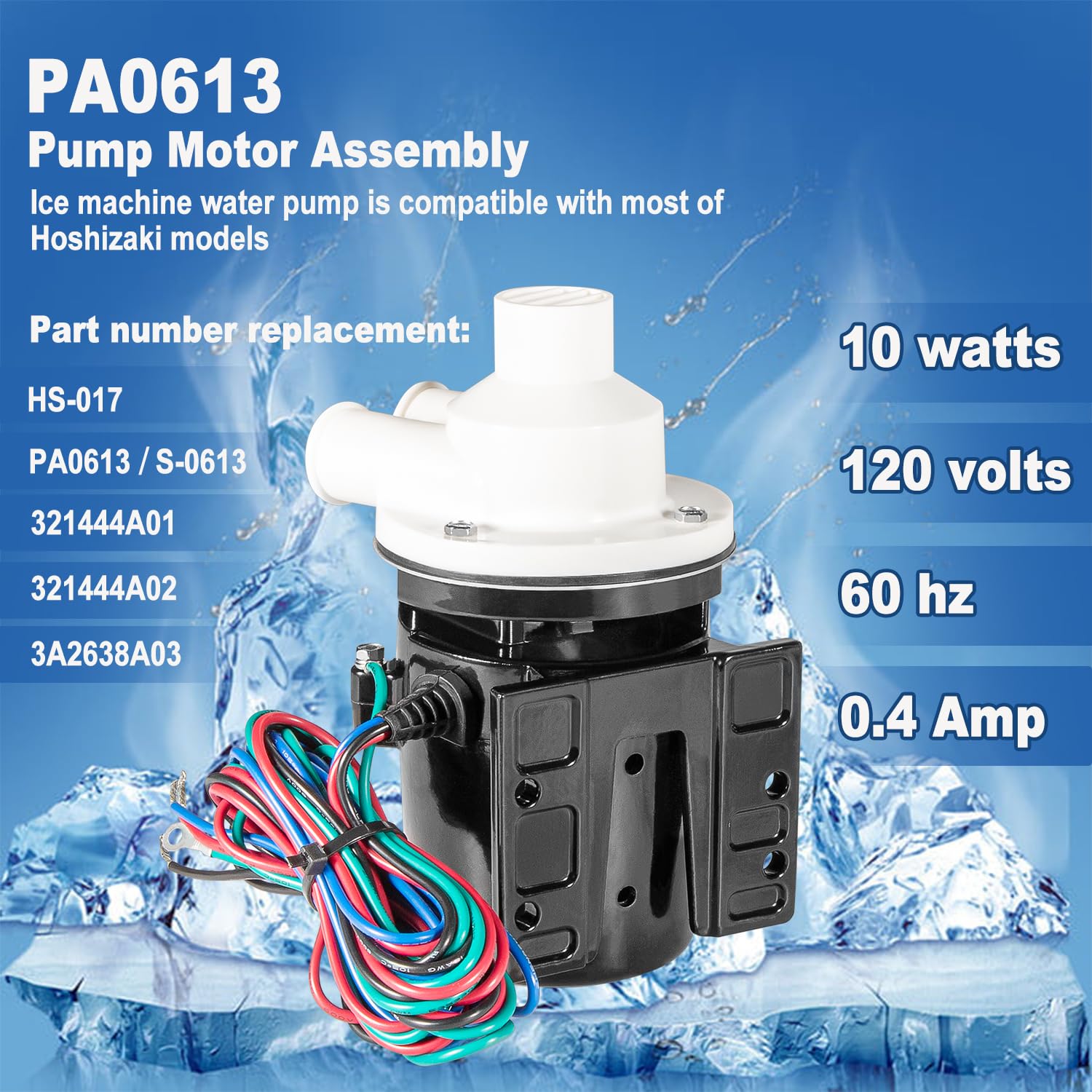 Pump Motor Assembly Replacement for Hoshizaki PA0613 Ice Machine Water Pump, Includes Run Capacitor and Wire Leads 120V 60Hz 10W 0.4 Amp