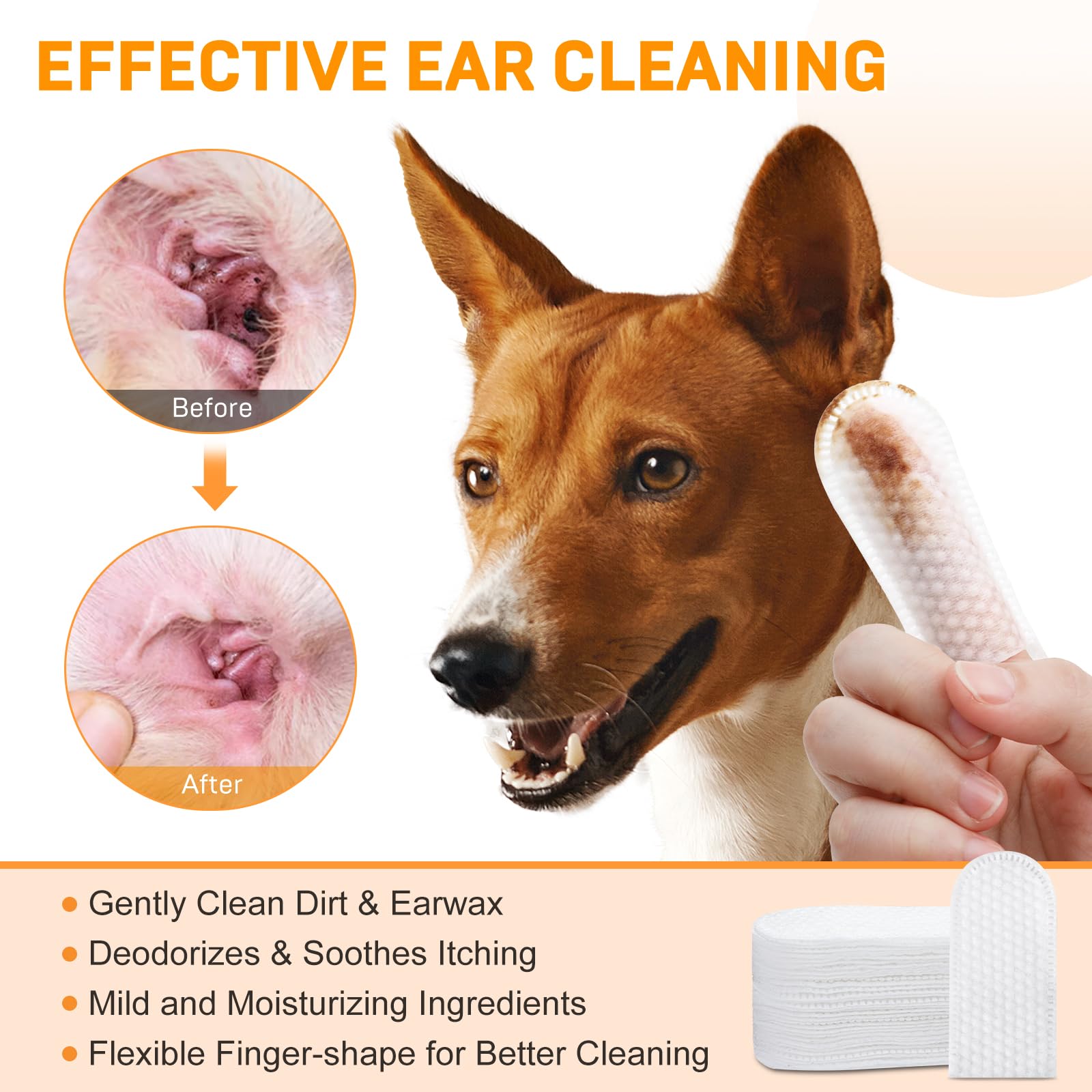 Kopmath Ear Cleaner Finger Wipes for Dogs & Cats, Gently Clean Earwax & Dirt, Soothe Ear Itching, Easy to Use, Natural Pet Ear Wipe for Dog, Unscented, 100 Disposable Count