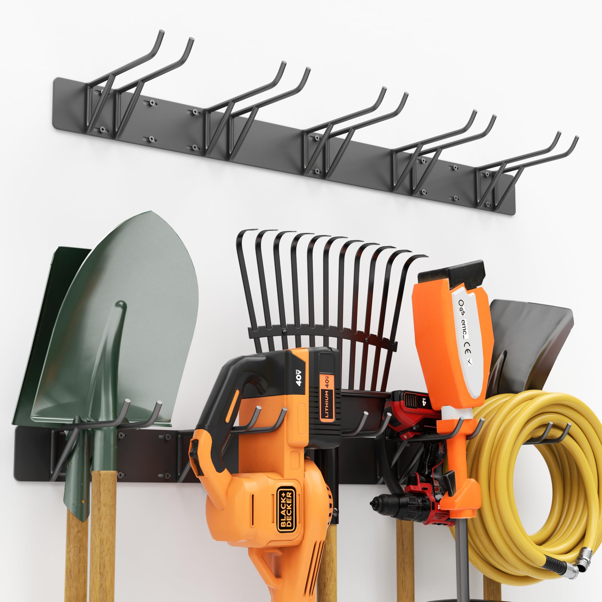 Fun Memories Garage Garden Tool Organizer Wall Mount 48 Inch Long, Garage Organization and Storage, Shovel & Rake Hangers Yard Tool Rack, Industrial Steel Holds 350lbs Capacity, 2 Pack