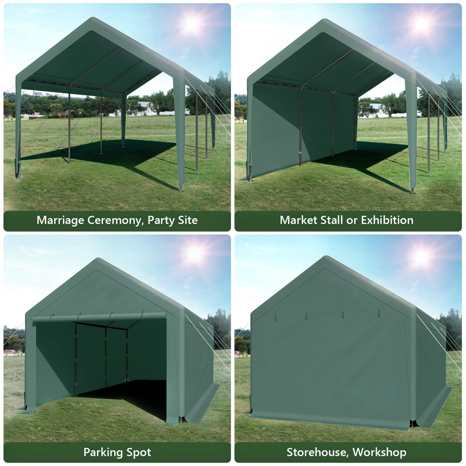 Outdoor Carport 10x20ft Heavy Duty Car Tent, Portable Garage Canopy Storage Shed, Car Shelter with Detachable Side Walls&Doors, All-Season Tarp for Car and Boat D Green