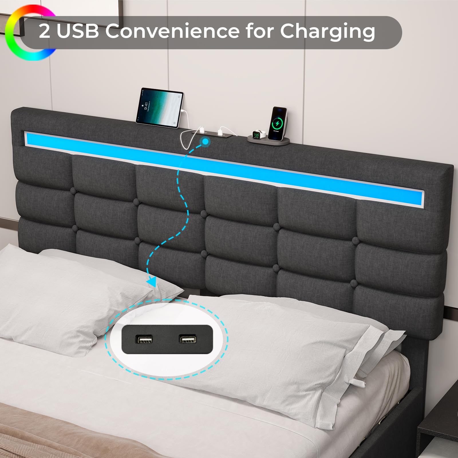 BTHFST Queen Bed Frame with LED Lights & 2 USB Charging Station,Queen Size Bed Frame with Adjustable Headboard,Bed Frame with Storage,No Box Spring Needed,Noise Free,Dark Grey