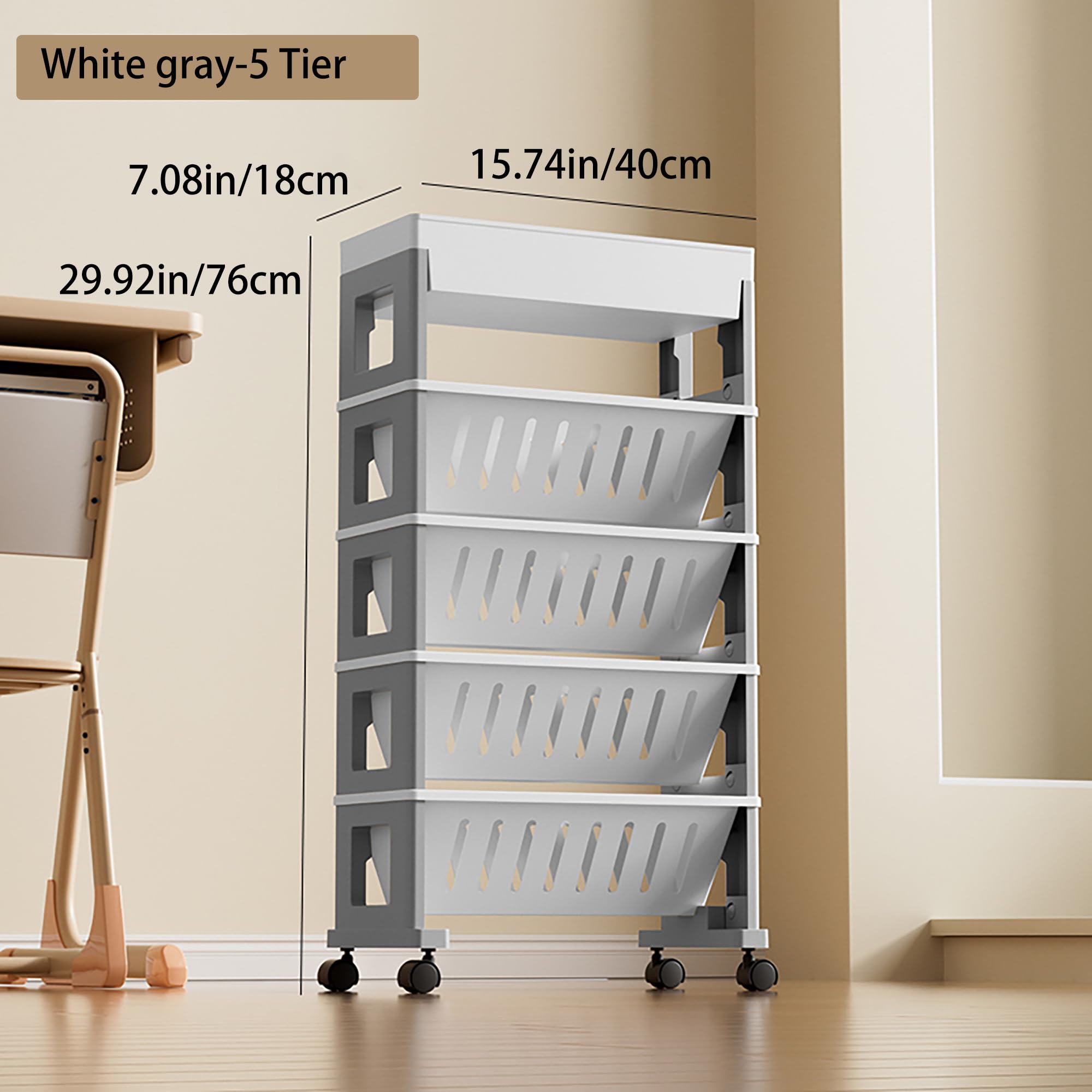 5 Tier Book Rack Storage Bookshelf, Mobile Bookshelf with Wheels, Removable Movable Unique Bookcase, Rolling Book Cart, Bookshelves for Students Study in Dorm Classroom Living Room School(White Grey)