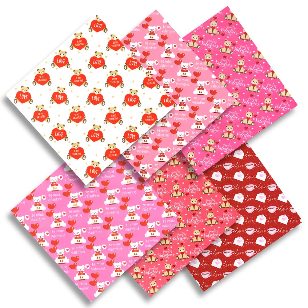 Pink and Red Valentine's Day Bear Love Hearts Be My Valentine Romantic Quilting Polycotton Fabric 6PCS 20x20 Inch Patchwork Sewing for DIY Crafts Supplies Gift Wrap Wedding Anniversary