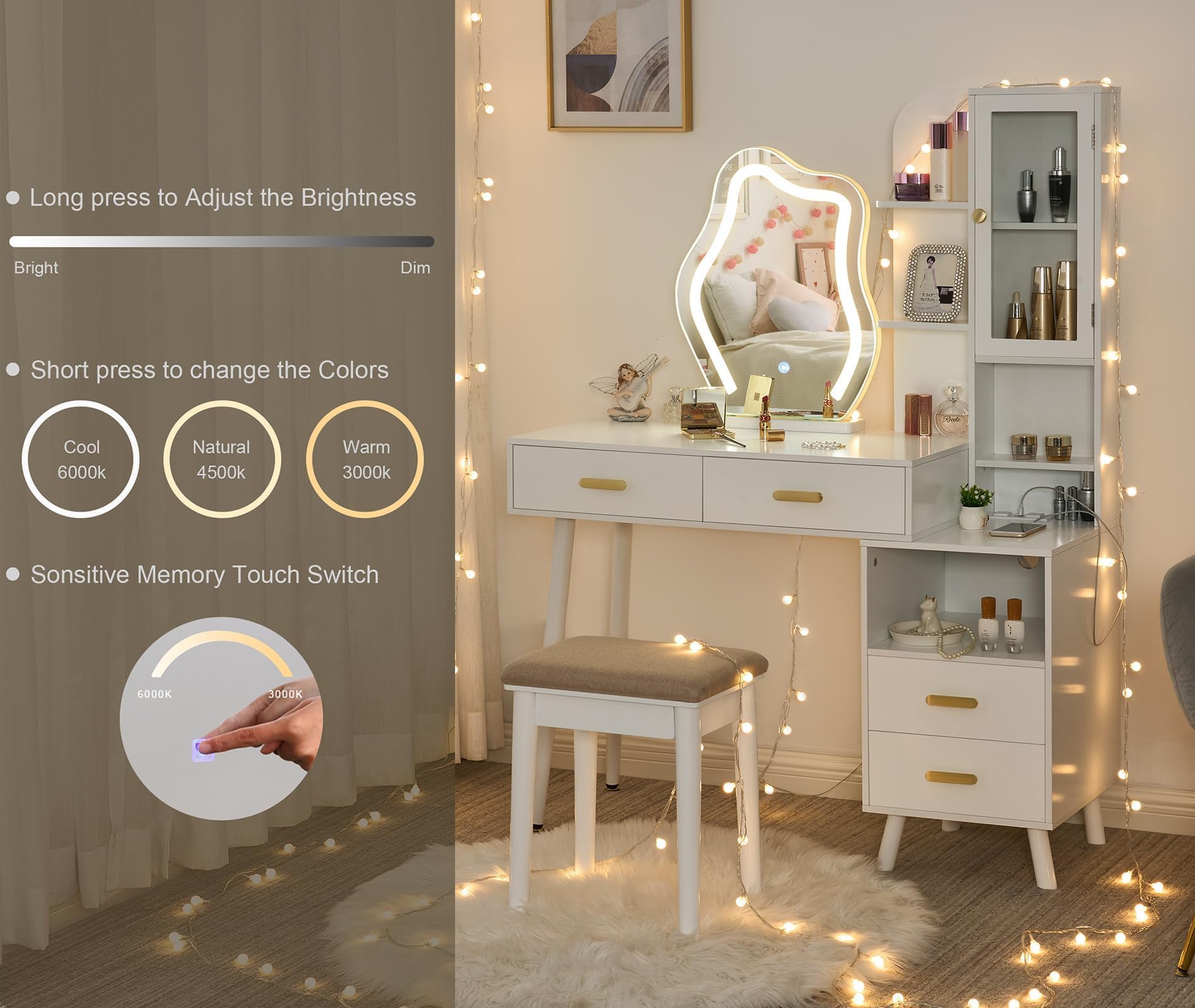 ANWBROAD White Vanity with Lighted Mirror Vanity Desk with Mirror and Lights Girls Vanity with Power Outlet Stool Drawers Shelves Charging Station 3 LED Lighting Modes Bedroom Makeup Table UBDT55W