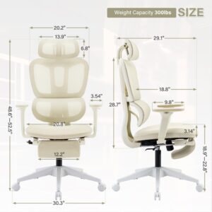 Ergonomic Office Chair with Footrest, High Back Computer Office Chair with Dynamic Lumbar Support, 2D Headrest, 2D Armrest, Sponge Seat, Mesh Home Office Desk Chair for Adults, Cream