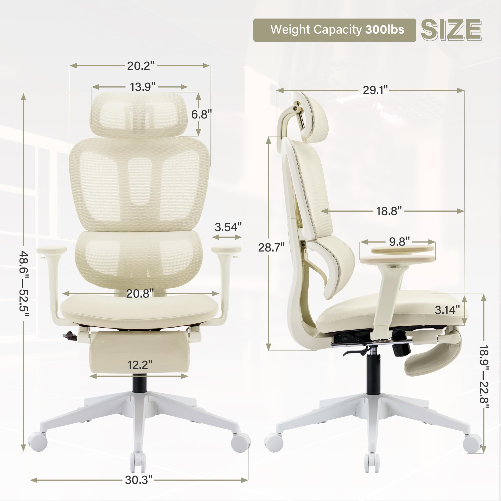 Ergonomic Office Chair with Footrest, High Back Computer Office Chair with Dynamic Lumbar Support, 2D Headrest, 2D Armrest, Sponge Seat, Mesh Home Office Desk Chair for Adults, Cream