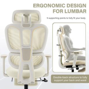 Ergonomic Office Chair with Footrest, High Back Computer Office Chair with Dynamic Lumbar Support, 2D Headrest, 2D Armrest, Sponge Seat, Mesh Home Office Desk Chair for Adults, Cream