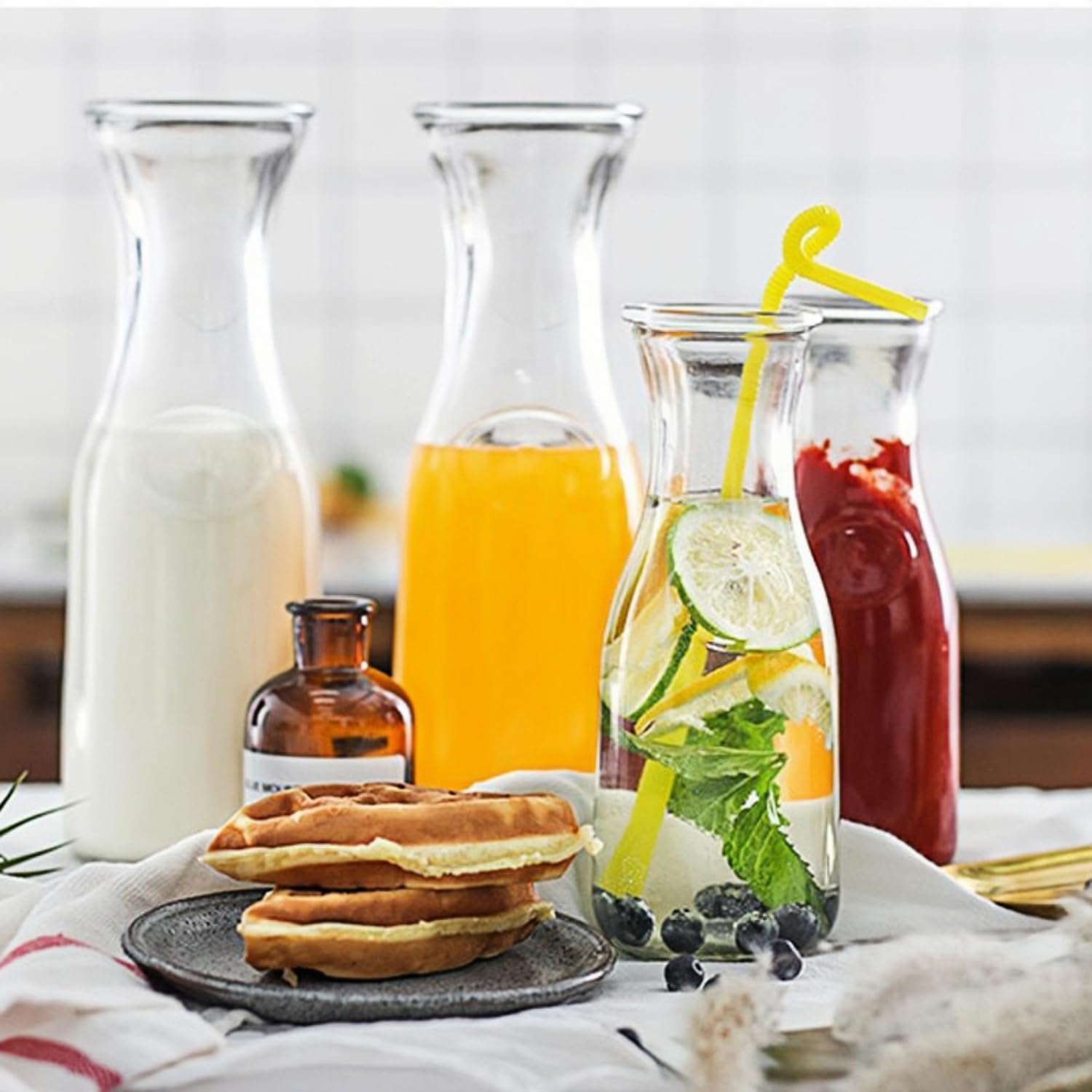 Set of 4 Glass Carafe Pitcher with Lid, Water Pitcher Set for Mimosa Bar Supplies, 1 Liter Beverage Dispensers, Bedside Water Carafe, Orange Juice Container, Catering Drink & Pitchers Parties