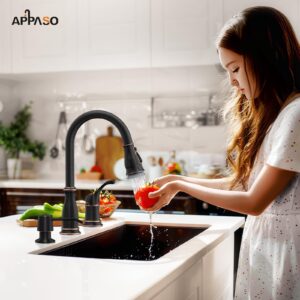 APPASO 3 Hole Kitchen Faucet, Bronze Kitchen Sink Faucet with Pull Down Sprayer 3 Modes, Oil Rubbed Bronze Kitchen Faucet with Soap Dispenser and Separate Handle, Kitchen Faucet 3 Pieces, Zinc Alloy