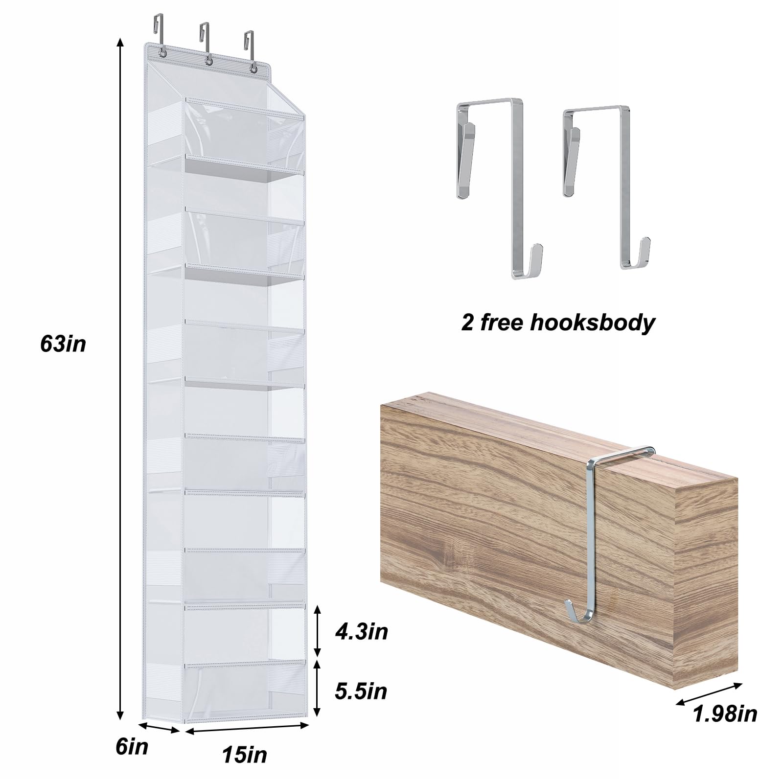 Fixwal 6-Shelf Over The Door Hanging Pantry Organizer Room Organizer with Clear Plastic Pockets Heavy Duty Behind The Door Storage Large Capacity Organizer for Closet Bedroom Bathroom (White)