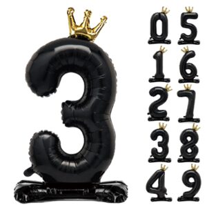 gifloon standing black number 3 balloon with crown for kids 3rd birthday party decoration, 40 inch number 3 balloon