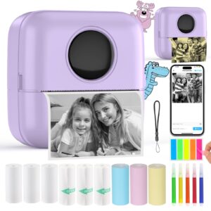 huijukeji inkless sticker printer mini thermal printer with 10 rolls thermal paper,color pen for ios&android,bluetooth pocket printer smart portable receipt printer for photo journal notes memo-purple