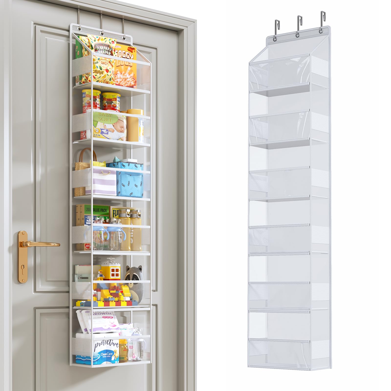 Fixwal 6-Shelf Over The Door Hanging Pantry Organizer Room Organizer with Clear Plastic Pockets Heavy Duty Behind The Door Storage Large Capacity Organizer for Closet Bedroom Bathroom (White)