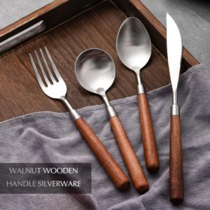 Yumokit Natural Walnut Wood Style Handle Silverware Set, Wooden Flatware Set, 304 Stainless Steel Flatware Cutlery Set, Dinnerware Set (Set of 4), HX017