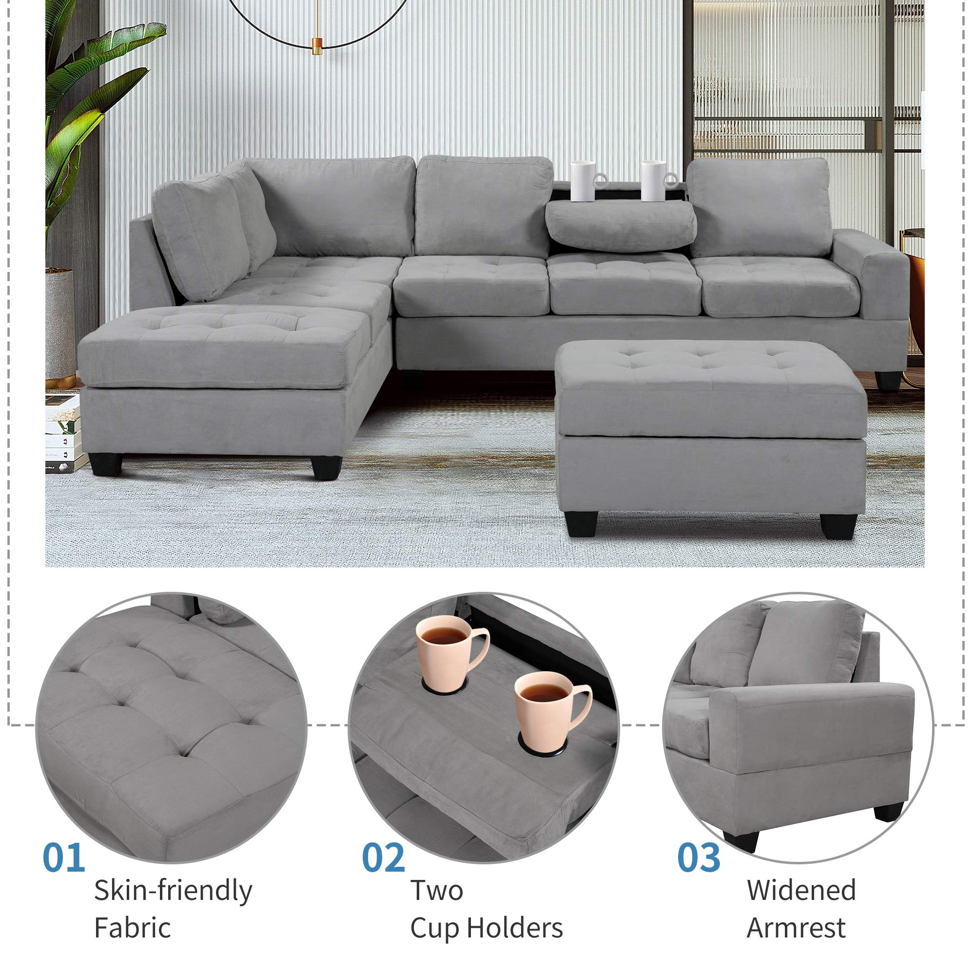 UBGO L-Shaped Sectional Sofa with Convertible Chaise Longue with Storage Footrest and 2 Cup Holders, Velvet Upholstered Sofa for Living Room Office Apartment, Gray