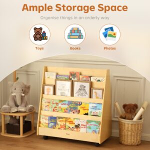 Double-Sided Bookshelf with Wheels, Wooden 4-Layer Toddler Bookshelf, Children's Magazine Storage Shelf, Ideal for Playrooms, Bedrooms, Study Rooms, Living Rooms