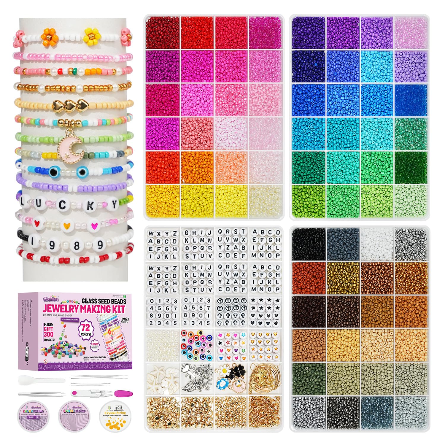 Gionlion 22000Pcs Bracelet Making Kit 4 Boxes - 72 Colors 8/0 Glass Seed Beads and Letter Beads Friendship Bracelet Kit with Crafts Charms for Bracelets Necklace Earring Making