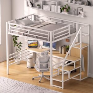 GM Ultra Full Size Loft Bed with Desk & Storage Stairs, Metal Loft Bed Frame with Wardrobe, Versatile High Loft Bed for Kids Teens Adults, Sturdy Slats Support, No Box Spring Needed, White