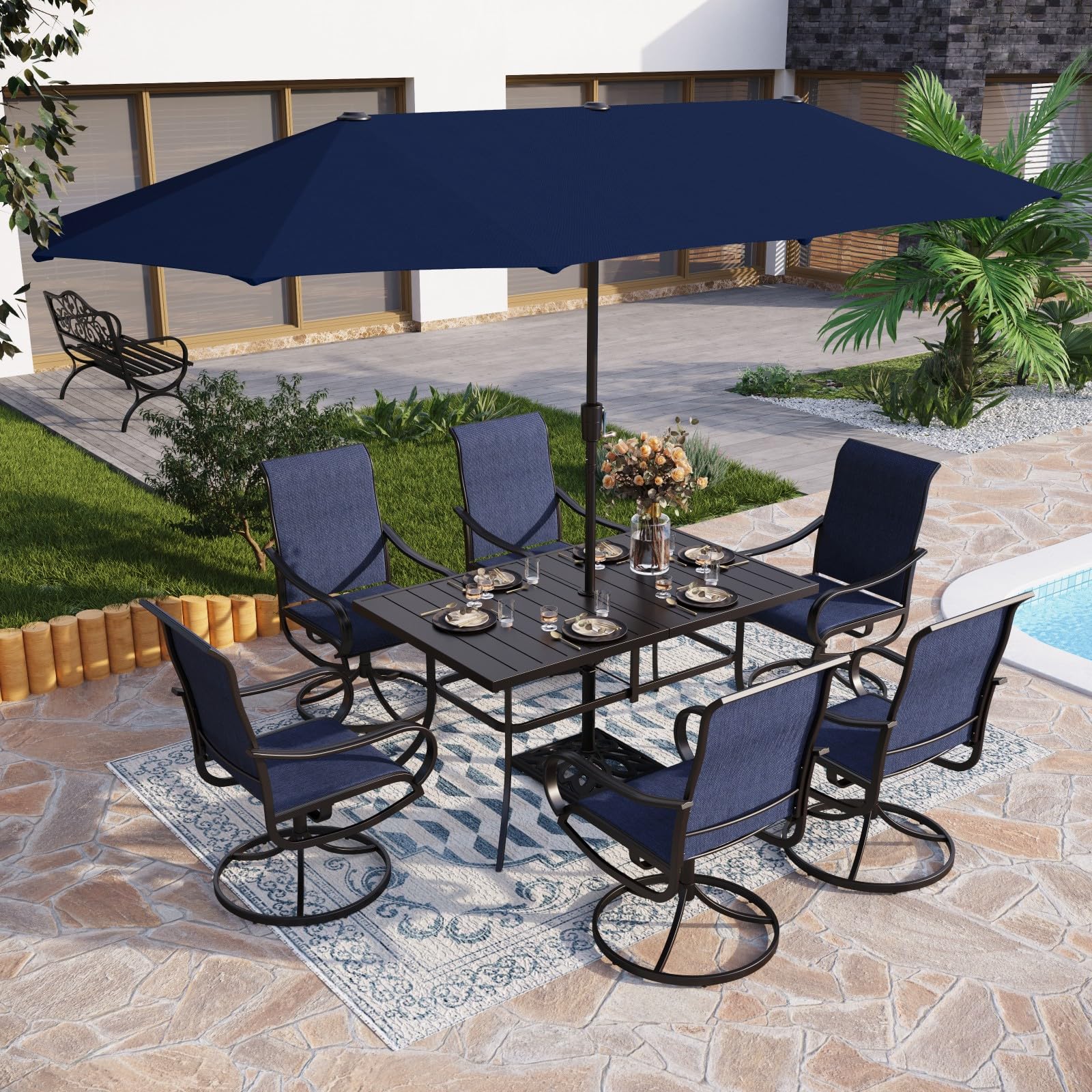 PHI VILLA 8 Piece Patio Dining Set with 13ft Patio Umbrella (Navy Blue), 6 Outdoor Swivel Dining Chairs & 1 Large Metal Dining Table with 1.57" Umbrella Hole, for Lawn Garden Backyard