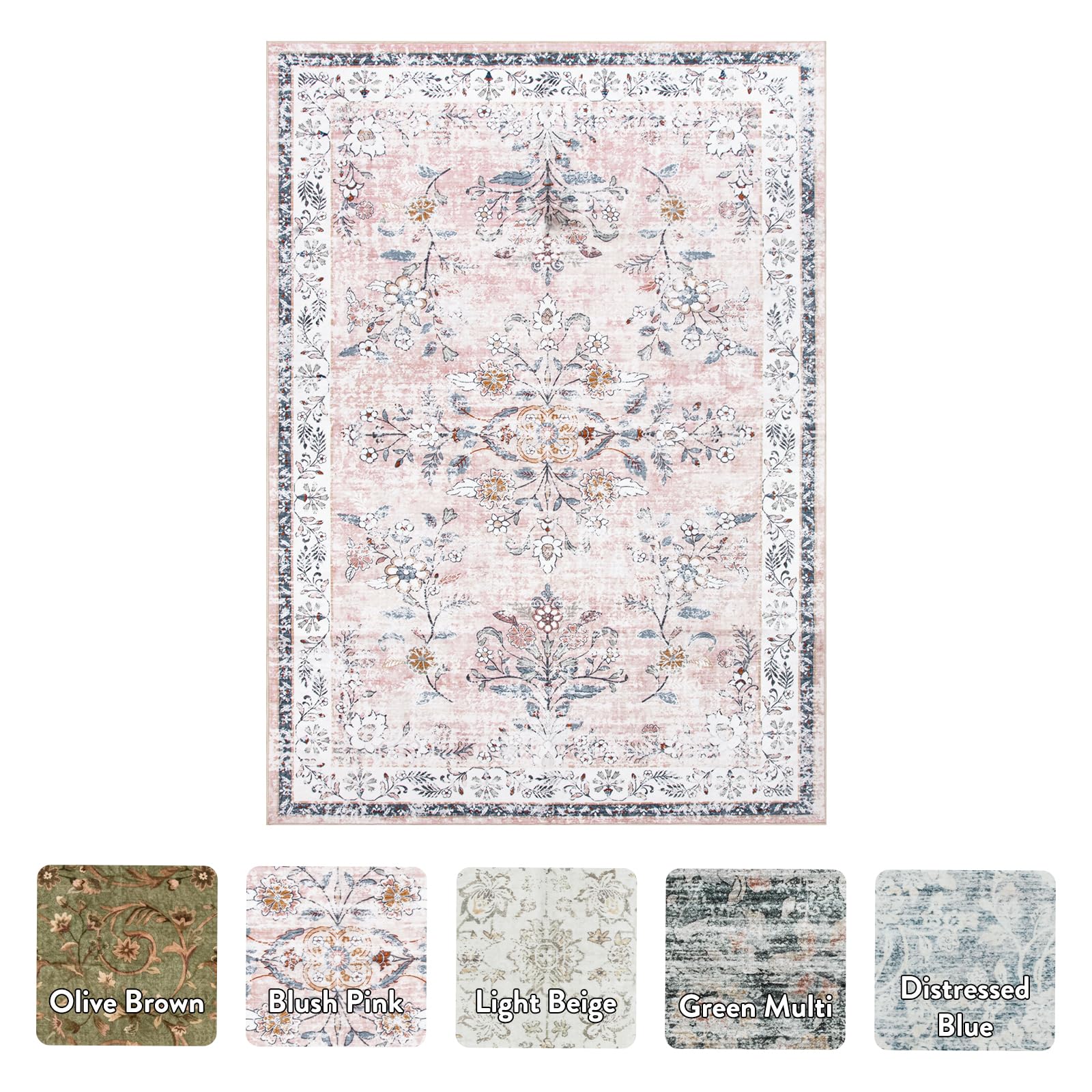 LIVEBOX Machine Washable 5x7 Rug, Pink Rugs for Bedroom Girls, Soft Boho Floral Nursery Rug, Non-Slip Indoor Ultra-Thin Floor Carpet Area Rug for Kid Room Living Room Dorm, Blush/Pink