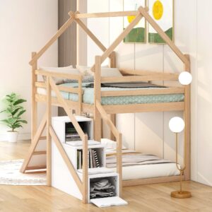 Harper & Bright Designs Twin Over Twin Bunk Bed with Slide and Staircase, House Bunk Bed for Kids, Wood Loft/Bunk Bed Frame with Storage for Kids Teens Boys Girls, (Natural)