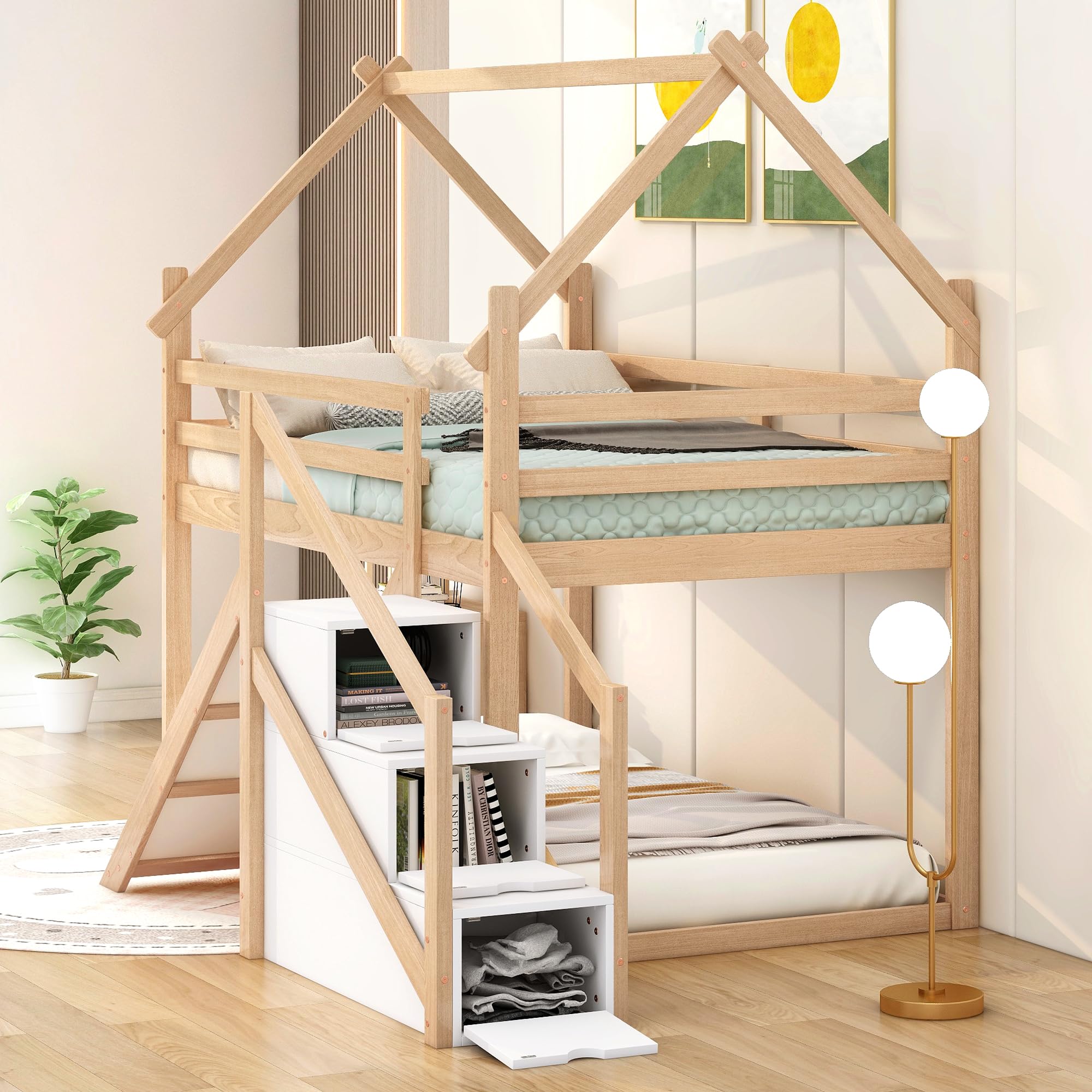 Harper & Bright Designs Twin Over Twin Bunk Bed with Slide and Staircase, House Bunk Bed for Kids, Wood Loft/Bunk Bed Frame with Storage for Kids Teens Boys Girls, (Natural)