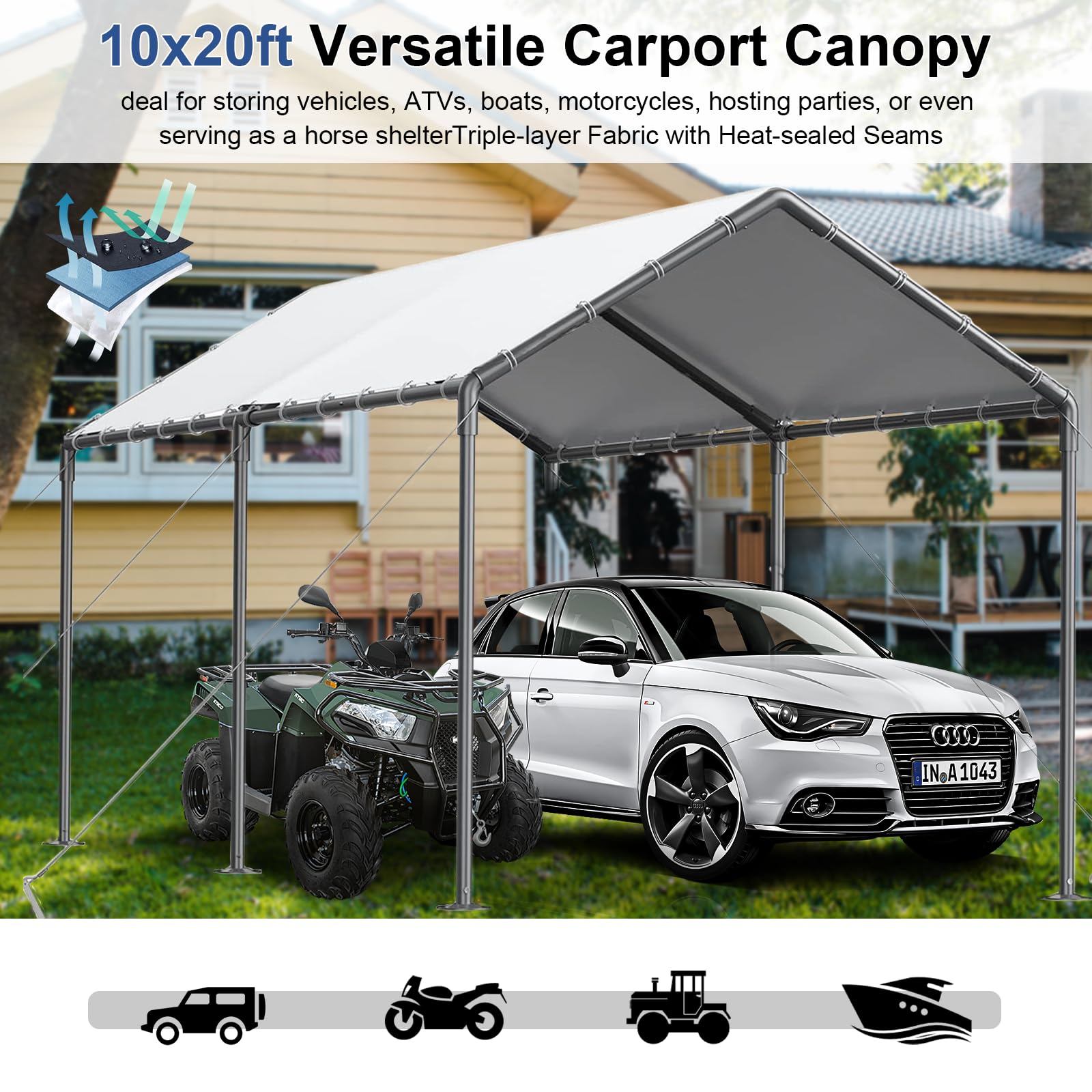 Outdoor Carport 10x20ft Heavy Duty Car Tent, Portable Garage Canopy Storage Shed, Car Shelter, All-Season Tarp for Car and Boat D White