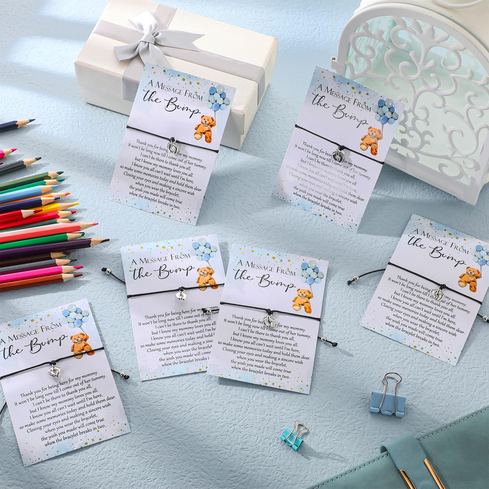 Thyle 50 Set Baby Shower Favors for Guests Adjustable Bracelets with Message from the Bump Card Footprints Charm Baby Shower Bracelets for Gender Reveal Thank You Gifts (Blue Bear)