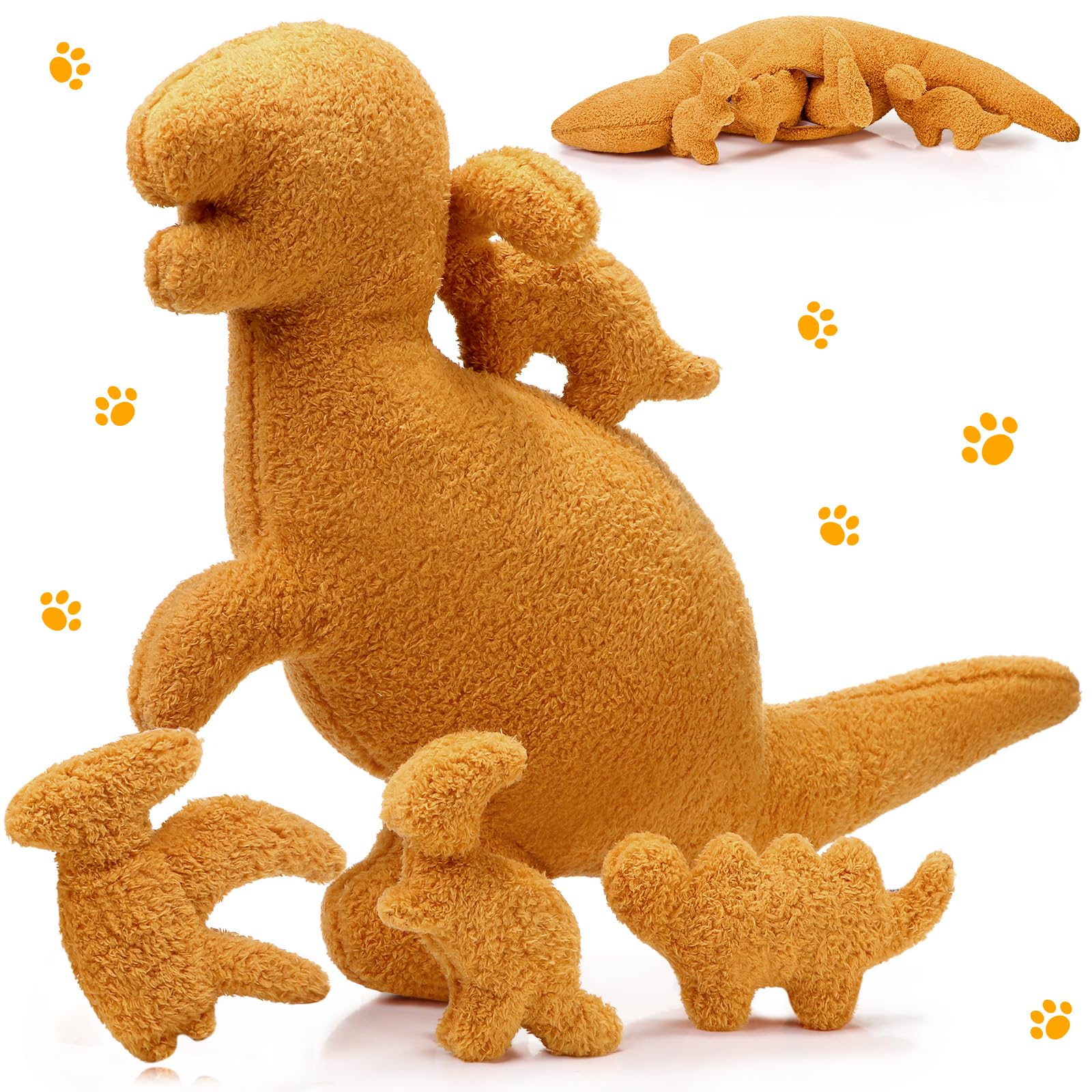 RoundFunny 5 Pcs Dinosaur Nugget Plush Pillow Set, 16 Inch Large Chicken Nugget Plush with 4 Dino Plush Toys Soft Dinosaur Chicken Nuggets Pillow for Girls Boys Birthday Dinosaur Theme Party