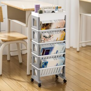 5 tier book rack storage bookshelf, mobile bookshelf with wheels, removable movable unique bookcase, rolling book cart, bookshelves for students study in dorm classroom living room school(white grey)