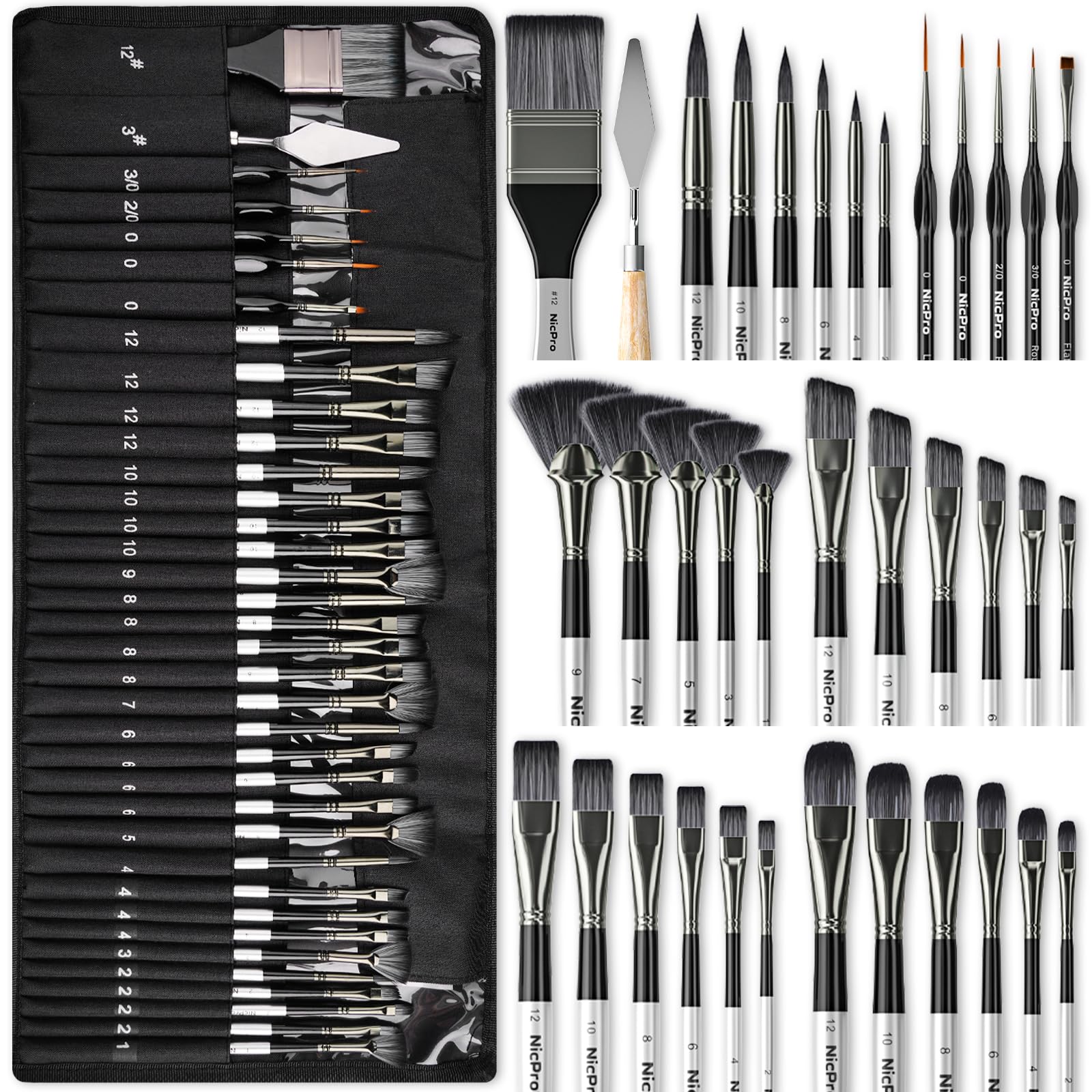 Nicpro 36pcs Paint Brush Set, Professional Paintbrushes with Palette Knife and Cloth Roll, Suitable for Artists and Beginners for Acrylic Painting, Oil, Watercolor, Gouache