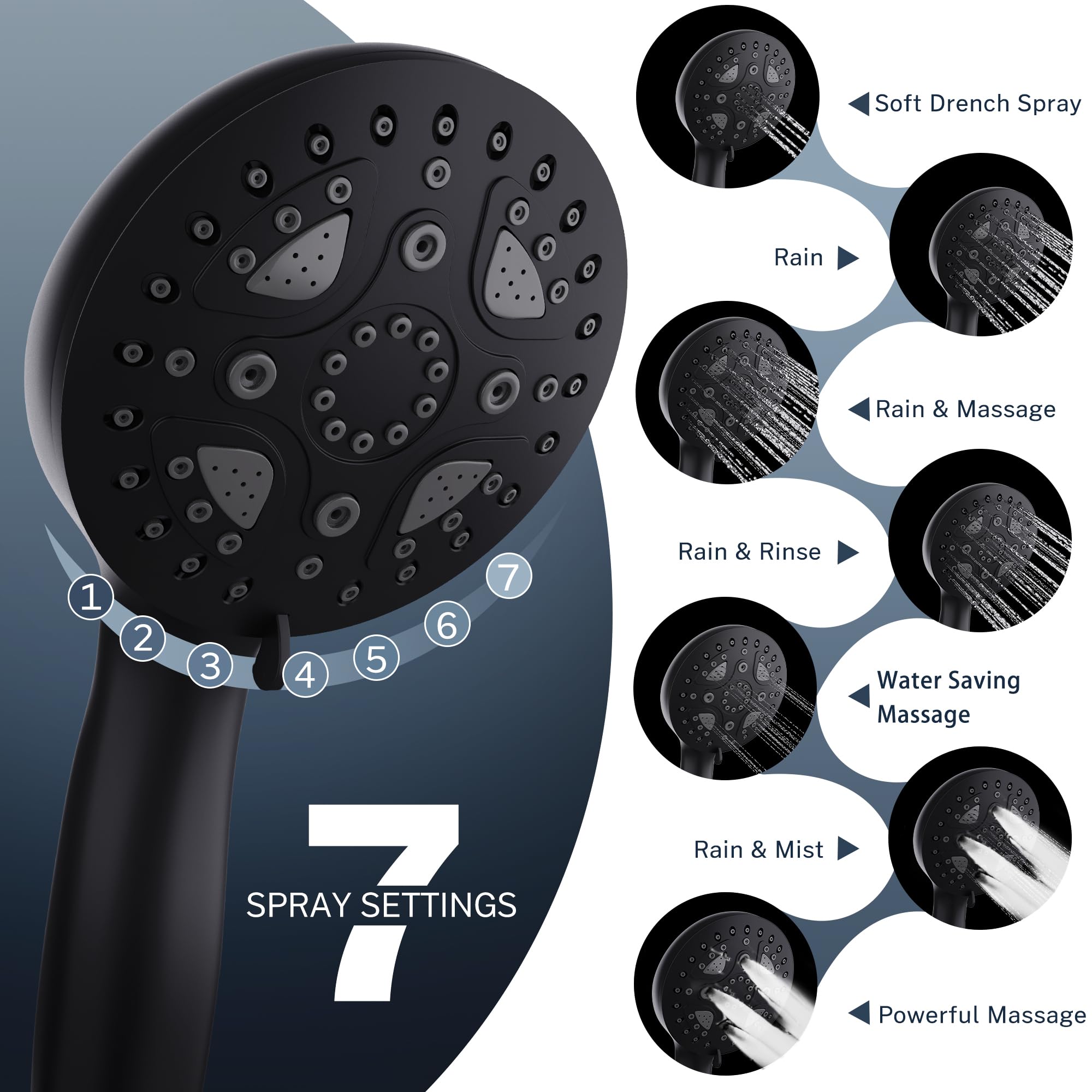 Cenosa All Metal Rain Shower Head 12 Inch High Pressure Shower Head with Handheld Spray Combo with Adjustable Shower Extension Arm, 7-Spray, 3-Way Dual Shower Head Black