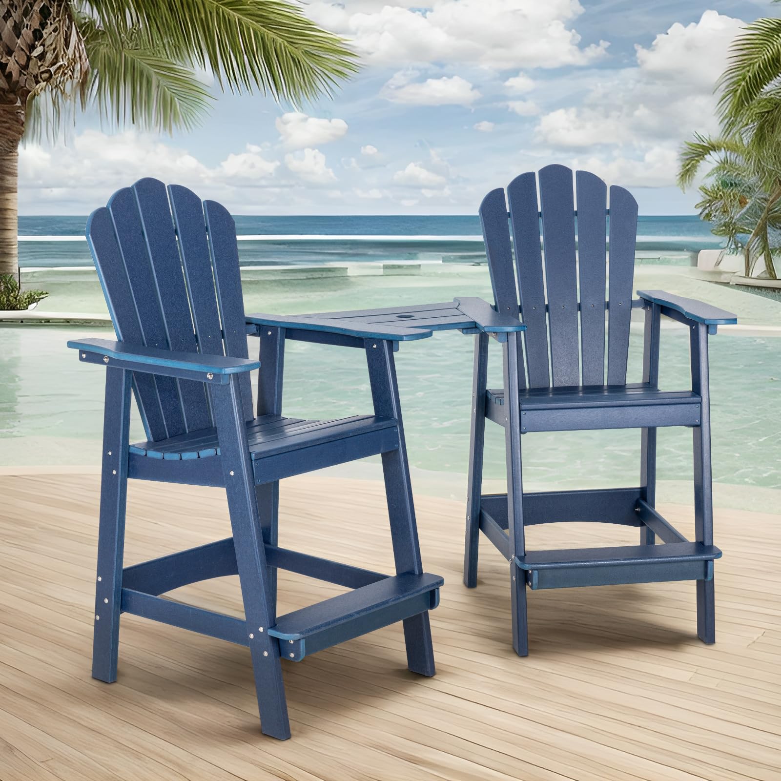 INTOBOO Tall Adirondack Chair Set of 2, HDPE Adirondack Barstools, Double Balcony Chairs with Connecting Tray, Weather Resistant for Outdoor, Poolside, Patio, Garden, Backyard (Navy)