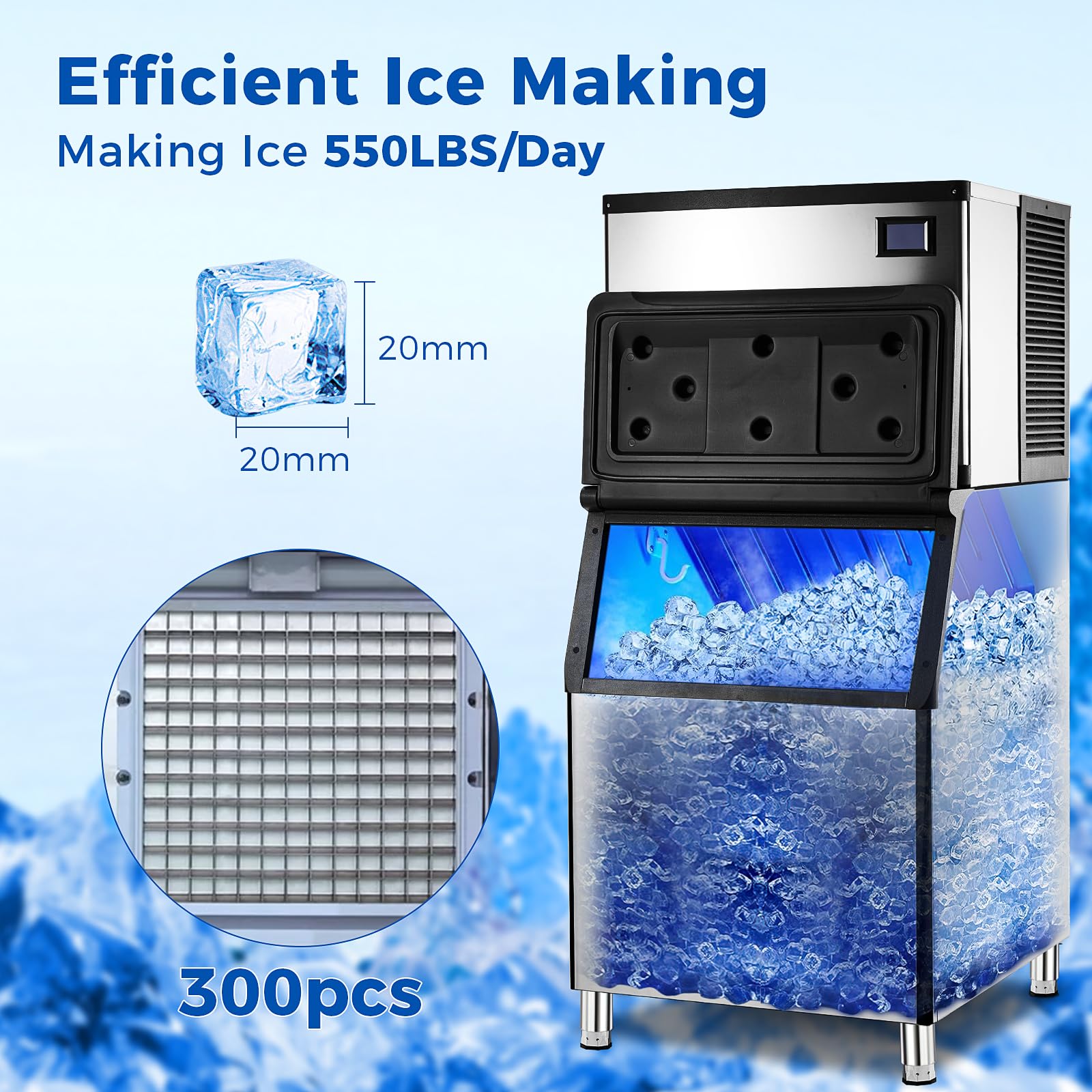 Commercial Ice Maker Machine 550Lbs/24H, Industrial Ice Machine ETL Approval 440 Lbs Storage Bin, Stainless Steel Clear Ice Cube Maker for Bar/Cafe/Restaurant/Business