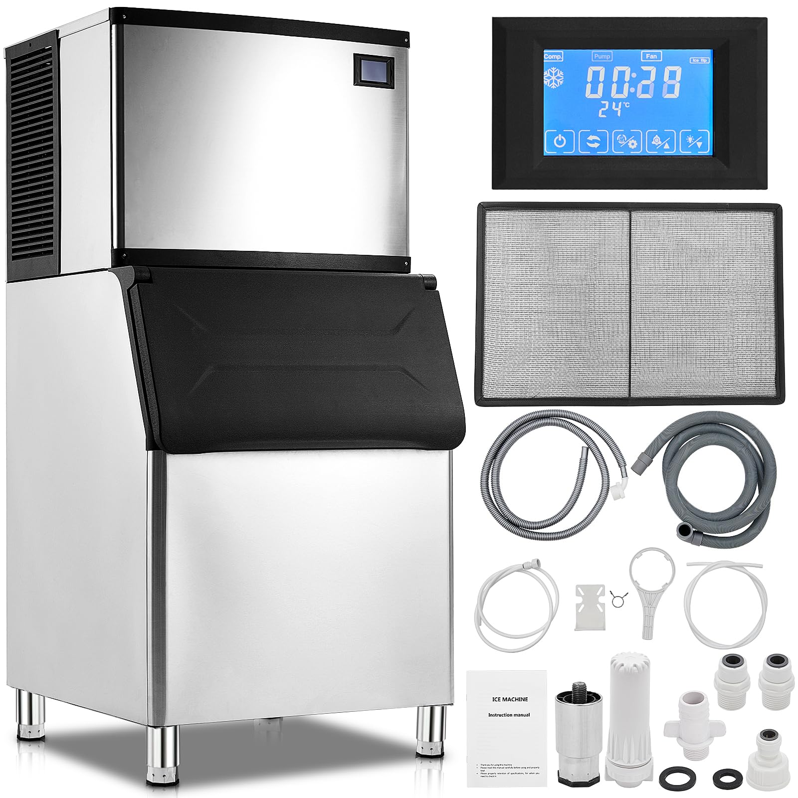 Commercial Ice Maker Machine 550Lbs/24H, Industrial Ice Machine ETL Approval 440 Lbs Storage Bin, Stainless Steel Clear Ice Cube Maker for Bar/Cafe/Restaurant/Business