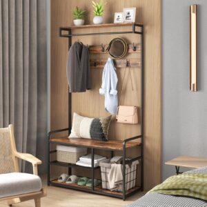 Livofloral Hall Tree Coat Rack with Storage, Entryway Hall Tree with 9 Hooks, Coat and Shoe Rack, Industrial Entryway Furniture with Shoe and Clothes Storage for Mudrooom, Rustic Brown